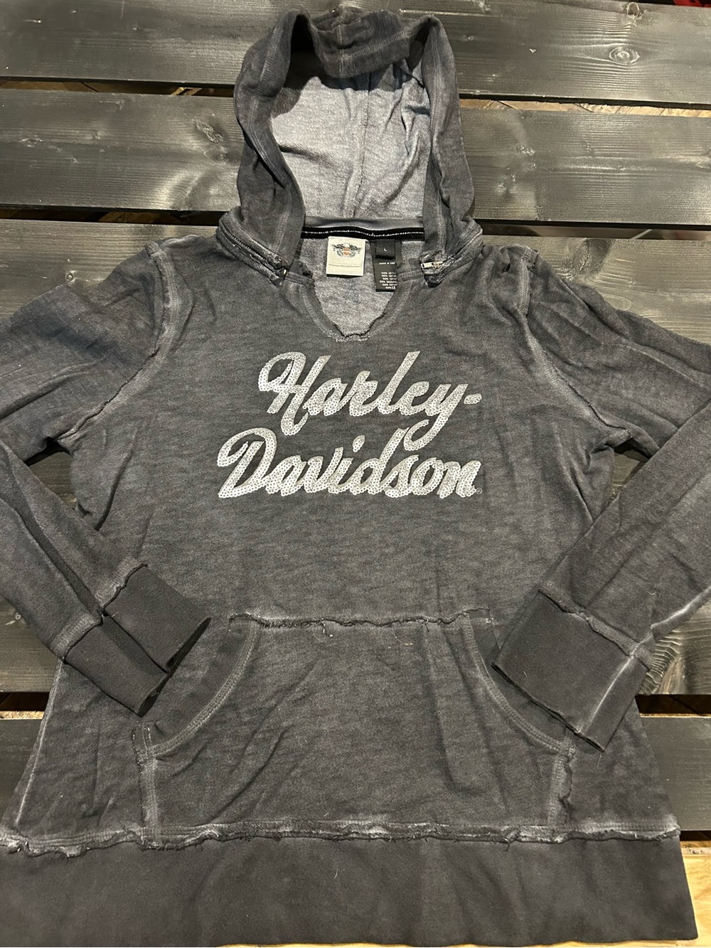 Women’s Harley-Davidson Sequin Hoodie (Size Large) - Distressed Charcoal Gray - Picture 2 of 9